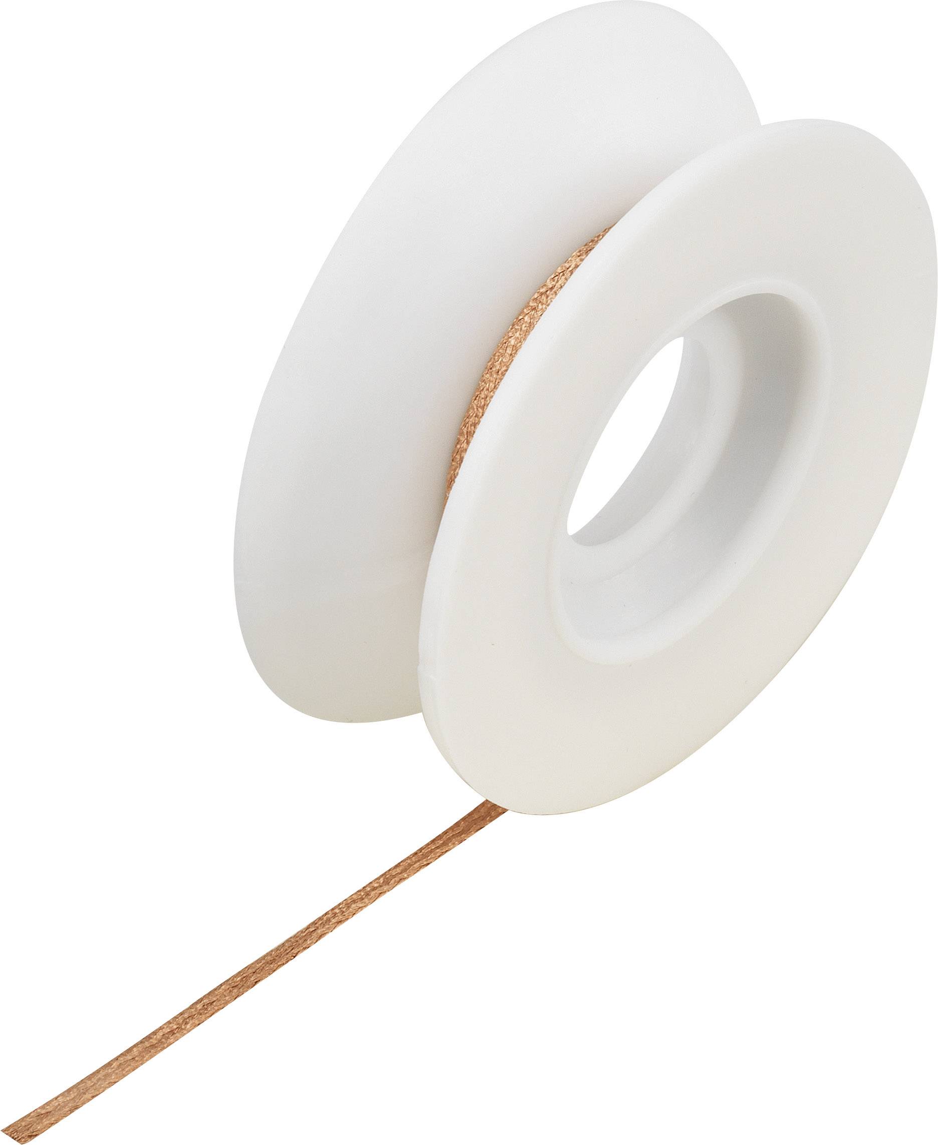 Rouleau de fil à souder en cuivre avec un noyau de bobine en plastique blanc, partiellement déroulé. Il est utilisé pour dessouder et réparer des composants électroniques.