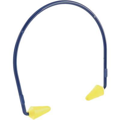 Un cintre bleu avec des bouchons d'oreilles en mousse jaune à ses extrémités, utilisé pour la protection auditive dans des environnements bruyants.