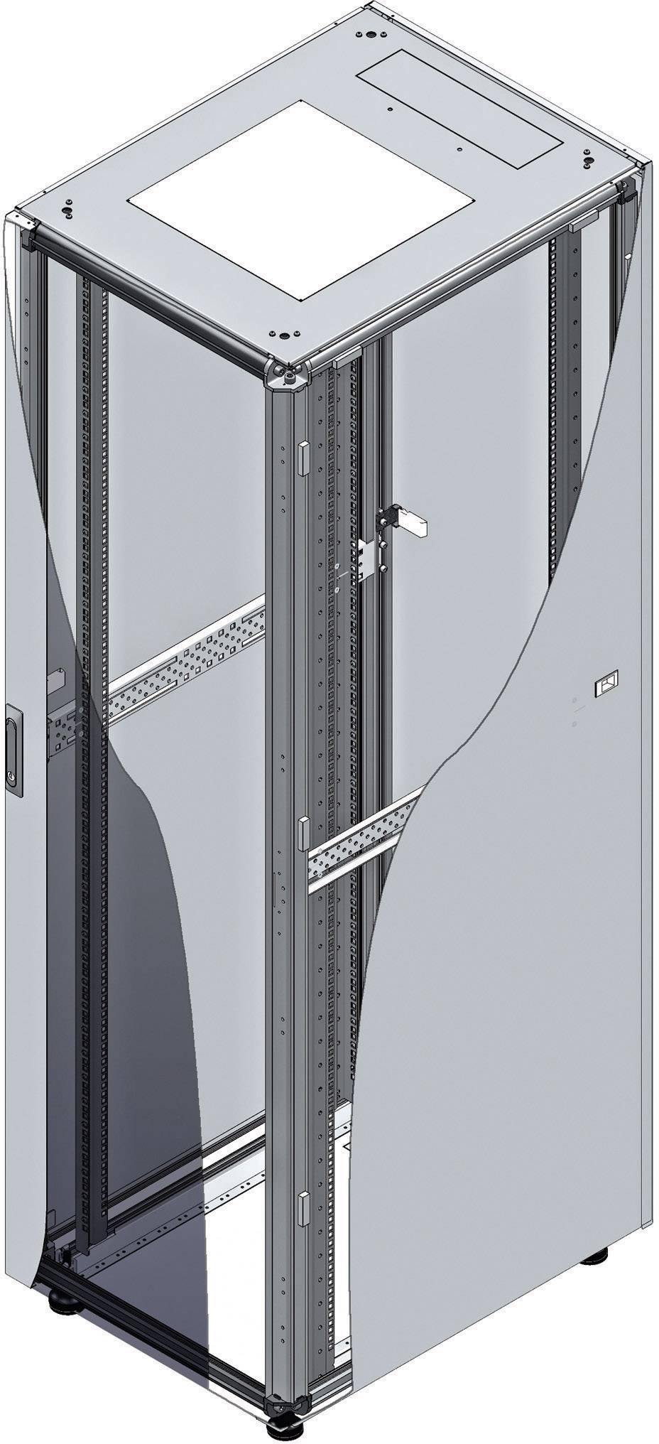 Baie de serveur avec porte en verre, châssis en acier et ouvertures de ventilation en haut. Des tiroirs de gestion des câbles sont visibles à l'intérieur.