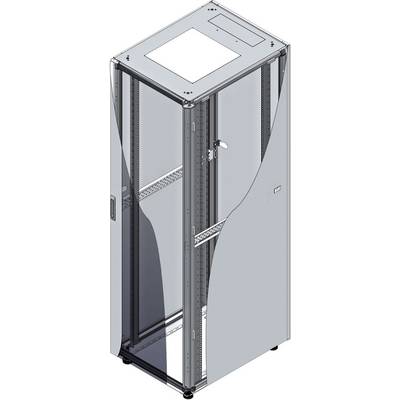 Baie de serveur avec porte en verre, châssis en acier et ouvertures de ventilation en haut. Des tiroirs de gestion des câbles sont visibles à l'intérieur.