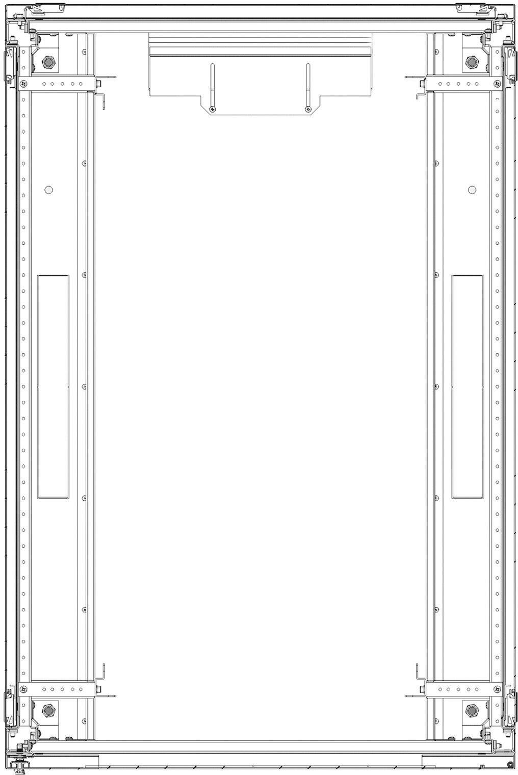 Dessin technique d'un cadre rectangulaire avec des marquages détaillés et des lignes indiquant la structure et les dimensions.