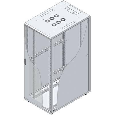 Une grande armoire de serveur rectangulaire avec des trous de ventilation sur le dessus, des côtés partiellement transparents, ouverte pour l'aération.