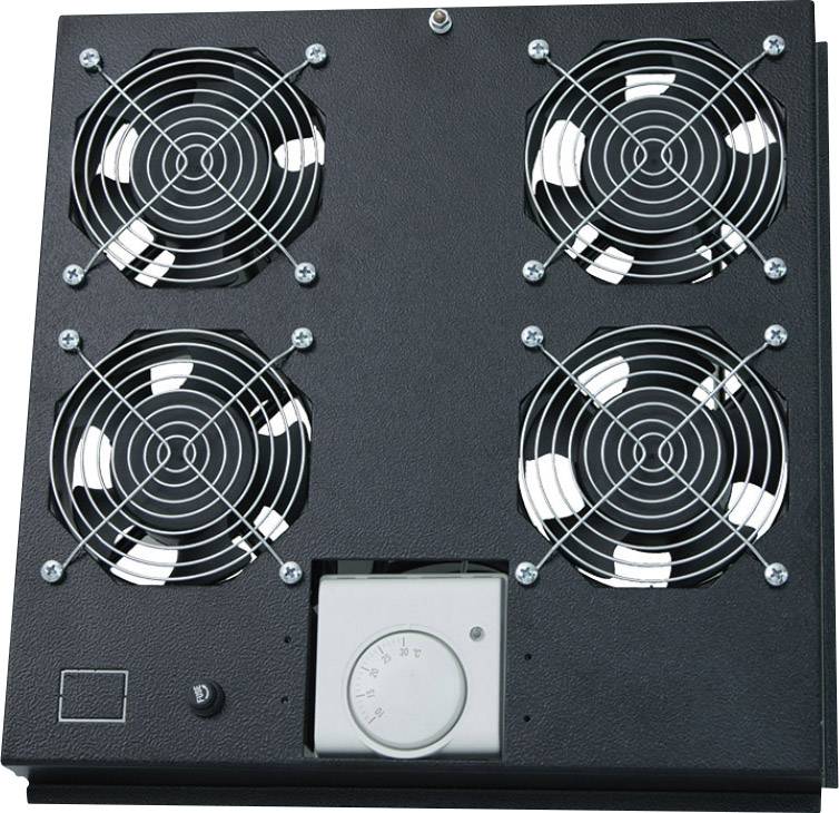 Un refroidisseur noir avec quatre ventilateurs et un panneau de commande central. Design industriel, probablement adapté au refroidissement d'équipements.