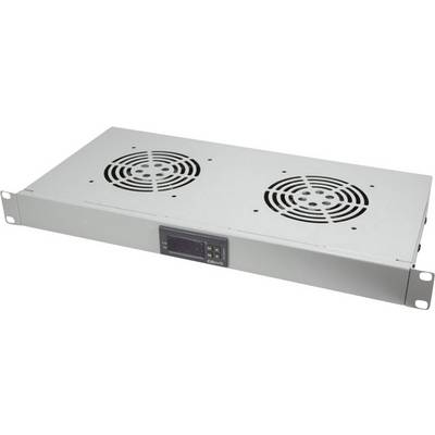 Module de ventilation métallique pour rack avec deux ventilateurs et un panneau de commande central pour l'évacuation thermique dans les armoires serveurs.