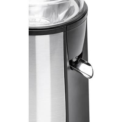 Moulin à café électrique en acier inoxydable, vue de côté détaillée avec un couvercle transparent en haut et un interrupteur à l'avant.