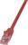 Un câble Ethernet rouge avec une prise transparente montre ses fils colorés.