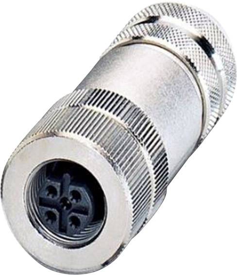 Un connecteur cylindrique argenté à surface cannelée avec raccordement quadripolaire. Typique des applications industrielles.