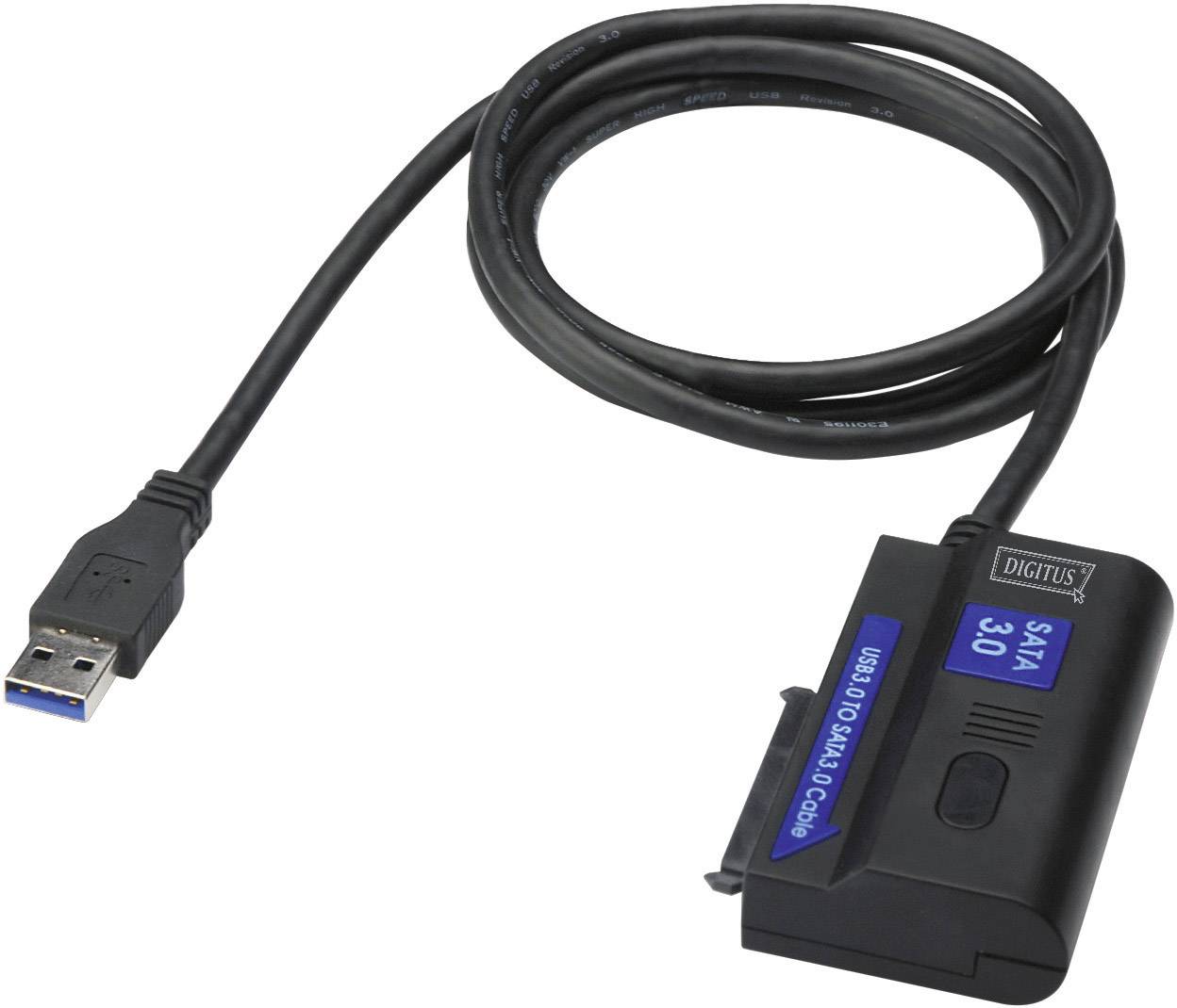 Câble adaptateur : USB 3.0 vers SATA pour connexions de disques durs, design noir. Appareil avec connexion bleue et étiquette 'SATA 3.0'.