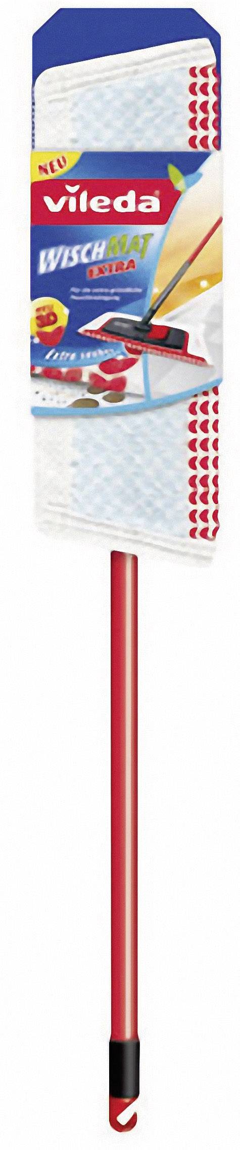 Un balai à franges rouge de Vileda avec une serpillière bleue, promu comme 'Wischmat Extra'. Adapté pour un nettoyage en profondeur.
