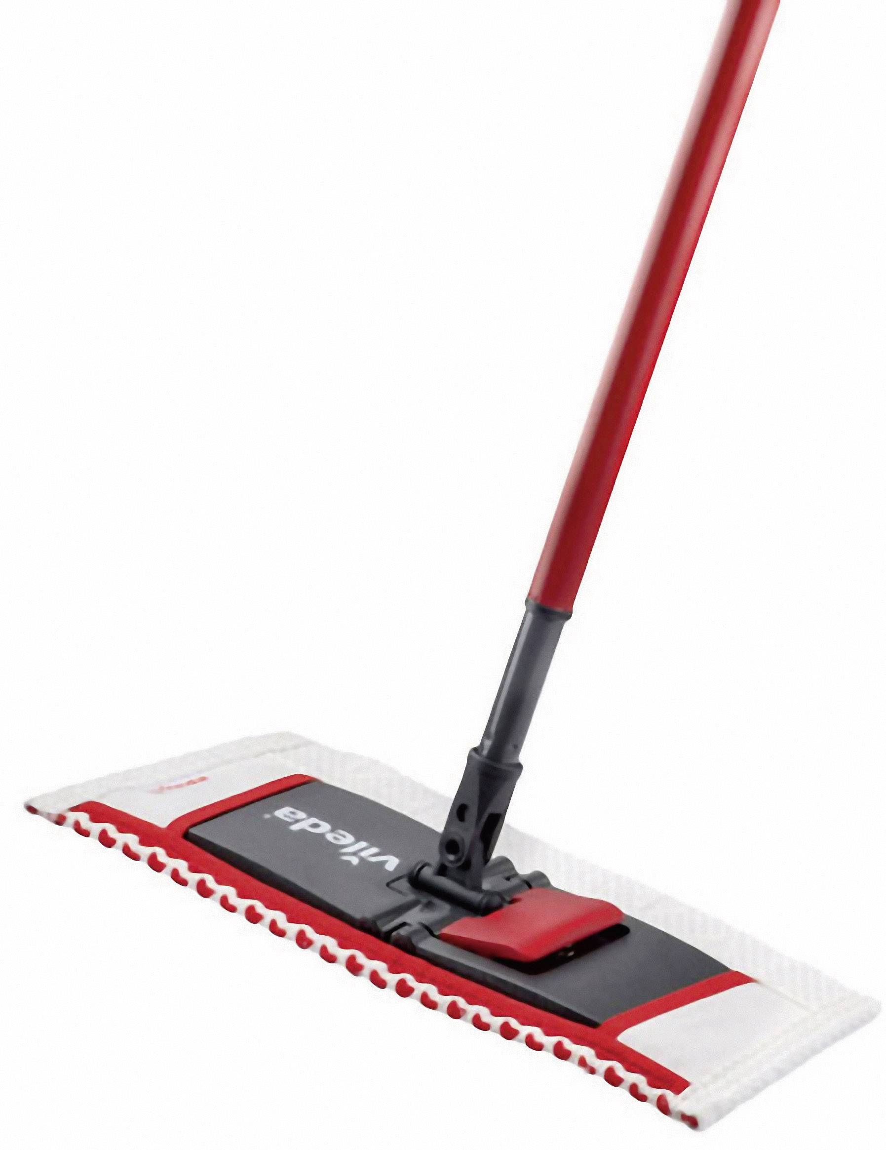 Balai plat avec manche rouge et une tête de nettoyage rectangulaire blanche, portant l'inscription 'Vileda'.