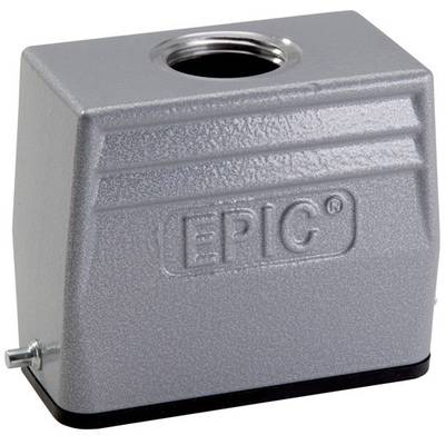 Pièce de boîtier métallique gravée 'EPIC', carrée, grise, avec filetage central en haut.