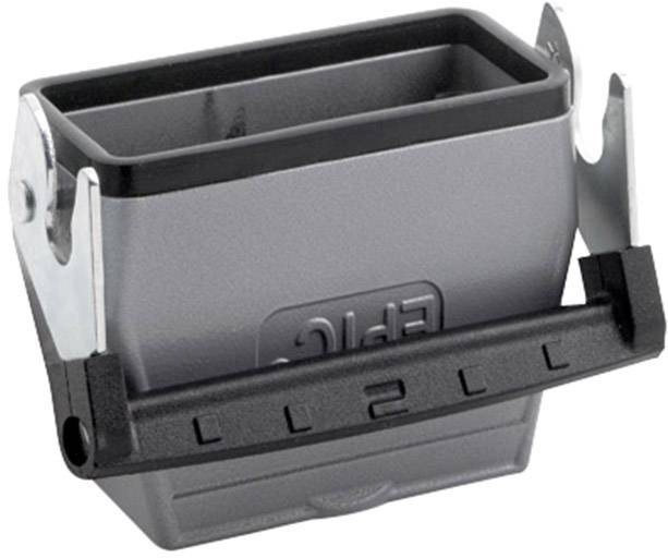 Récipient rectangulaire gris avec poignée noire et fixations métalliques, adapté aux applications industrielles.