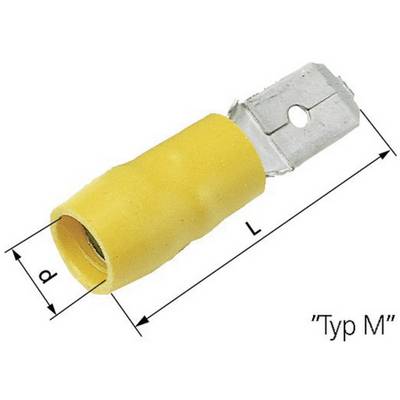 Connecteur avec gaine en plastique jaune et raccordement métallique, dimensions marquées avec 'd' et 'L', type M.