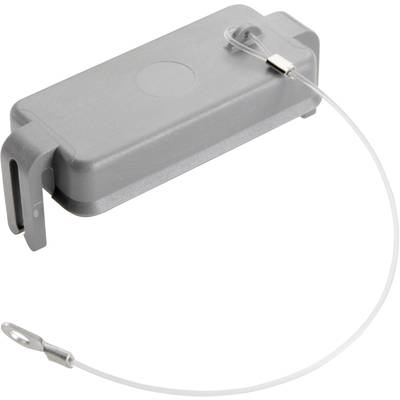 Protection rectangulaire en plastique gris avec fil de sécurité transparent ; utilisée pour sécuriser des objets ou des appareils.