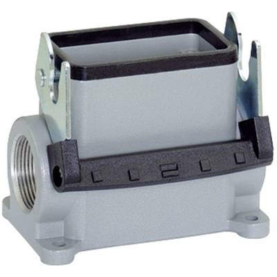 Boîtier gris d'un connecteur électrique avec ouverture rectangulaire et attaches métalliques latérales.