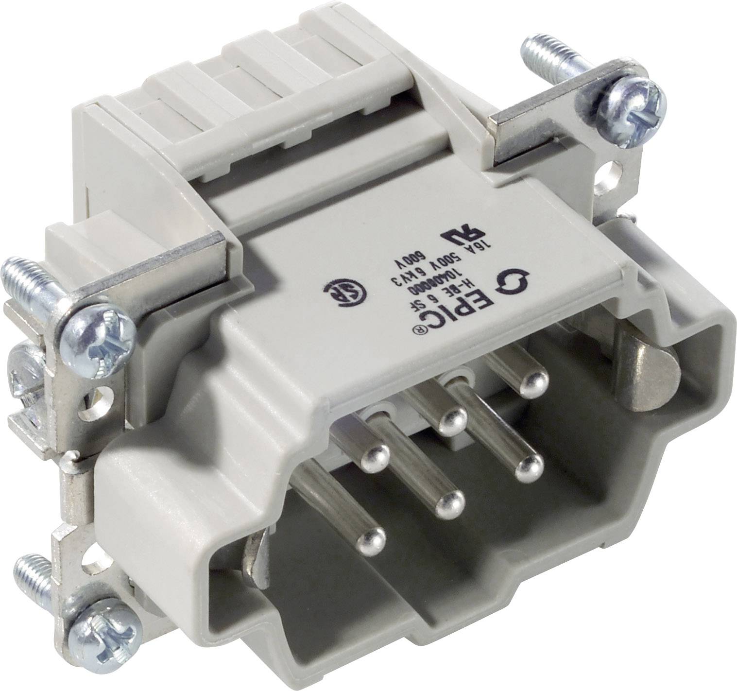 Un connecteur rectangulaire gris avec plusieurs broches métalliques et des supports de fixation aux coins, adapté aux applications industrielles.