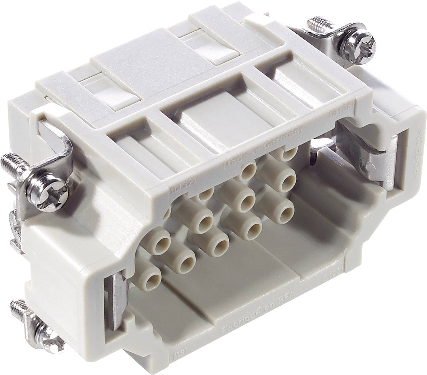 Un connecteur rectangulaire gris avec plusieurs ouvertures d'accès circulaires et des vis métalliques aux coins.