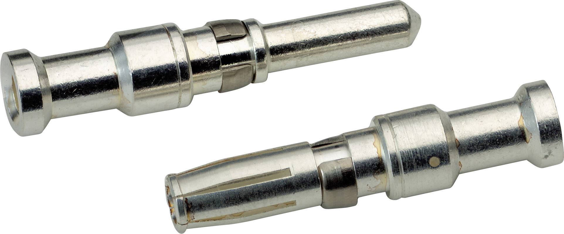 Deux fiches métalliques qui s'adaptent à des appareils électroniques ou des connexions de câbles. Elles sont argentées et ont une forme cylindrique.