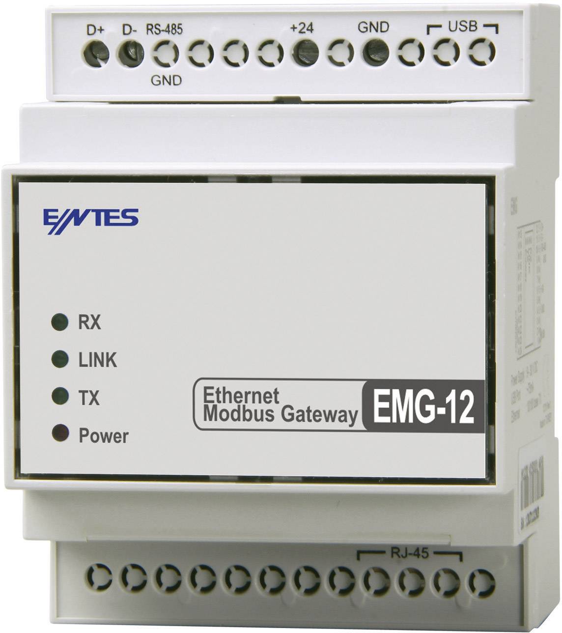 Appareil EMG-12 avec passerelle Ethernet Modbus, affichant des indicateurs de statut pour RX, LINK, TX, Power. Connecteurs visibles en haut et en bas.