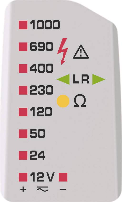 Affichage de l'appareil de mesure avec échelle : 1000, 690, 400, 230, 120, 50, 24, 12V ; symboles de tension, avertissement, résistance et polarité.