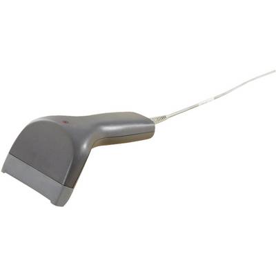 Scanner gris filaire, souvent utilisé pour scanner des codes-barres dans les magasins. Posé sur un fond blanc.