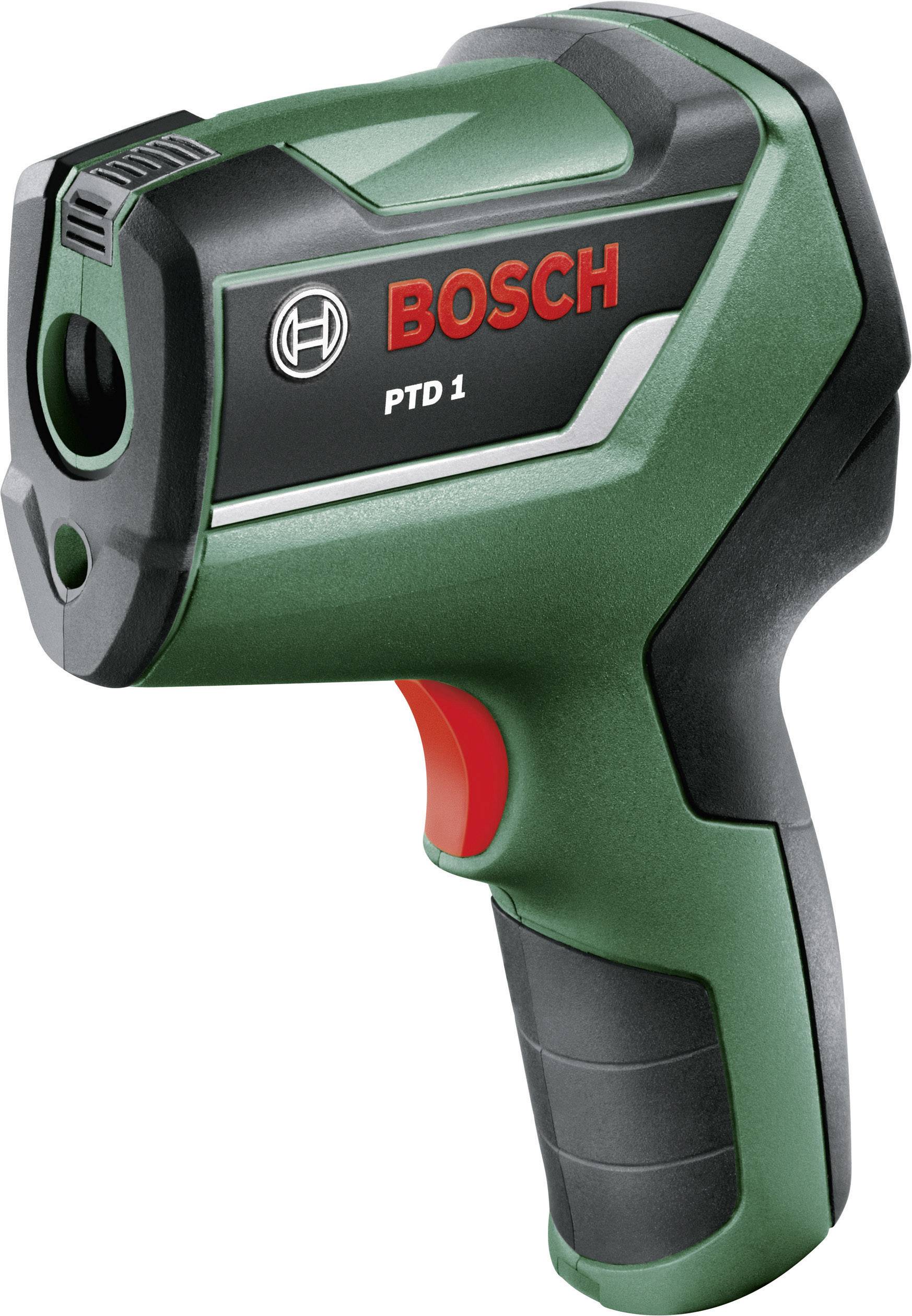 Thermomètre infrarouge numérique Bosch PTD 1 en vert et noir avec un bouton rouge, utilisé pour mesurer les températures de surface.
