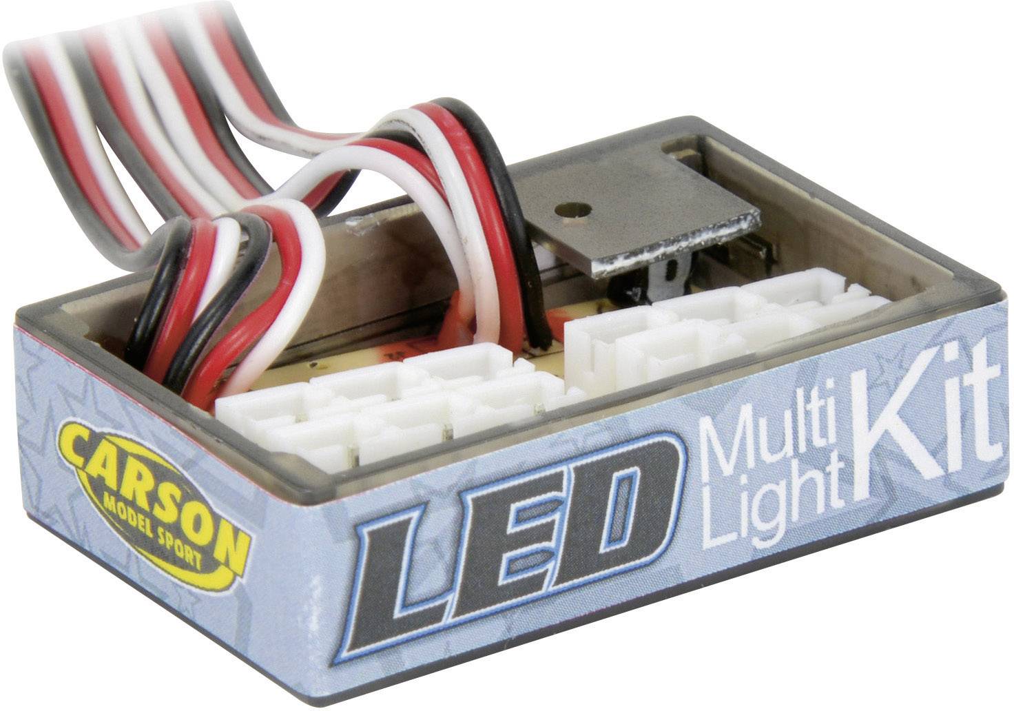 Un kit de lumières LED multifonctions de Carson Model Sport, montrant plusieurs connexions de câbles pour la modélisation.