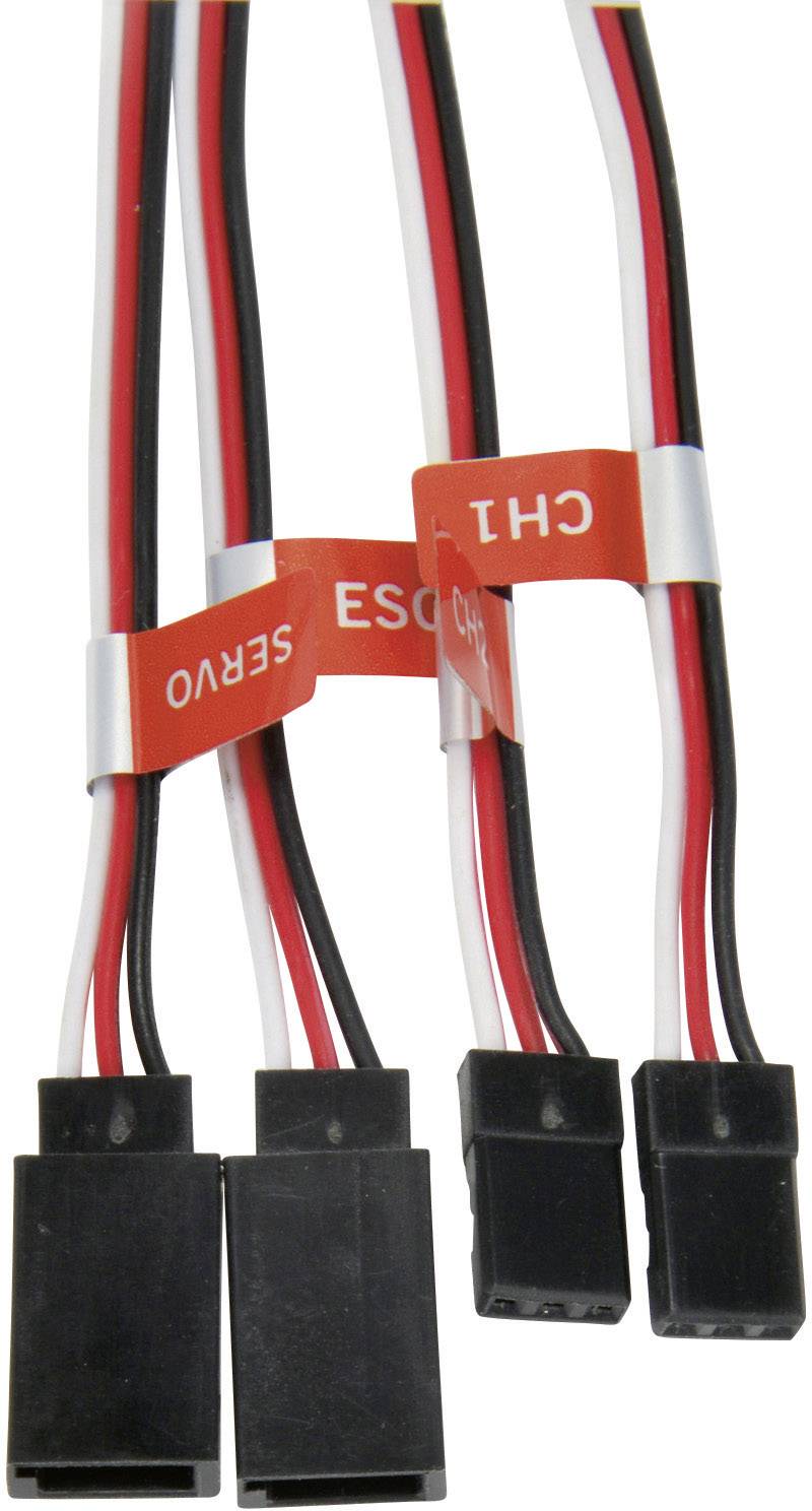 Trois câbles de connexion de servo noirs à trois broches avec des fils rouges, blancs et noirs, chacun étiqueté en rouge 'SERVO CH1'.