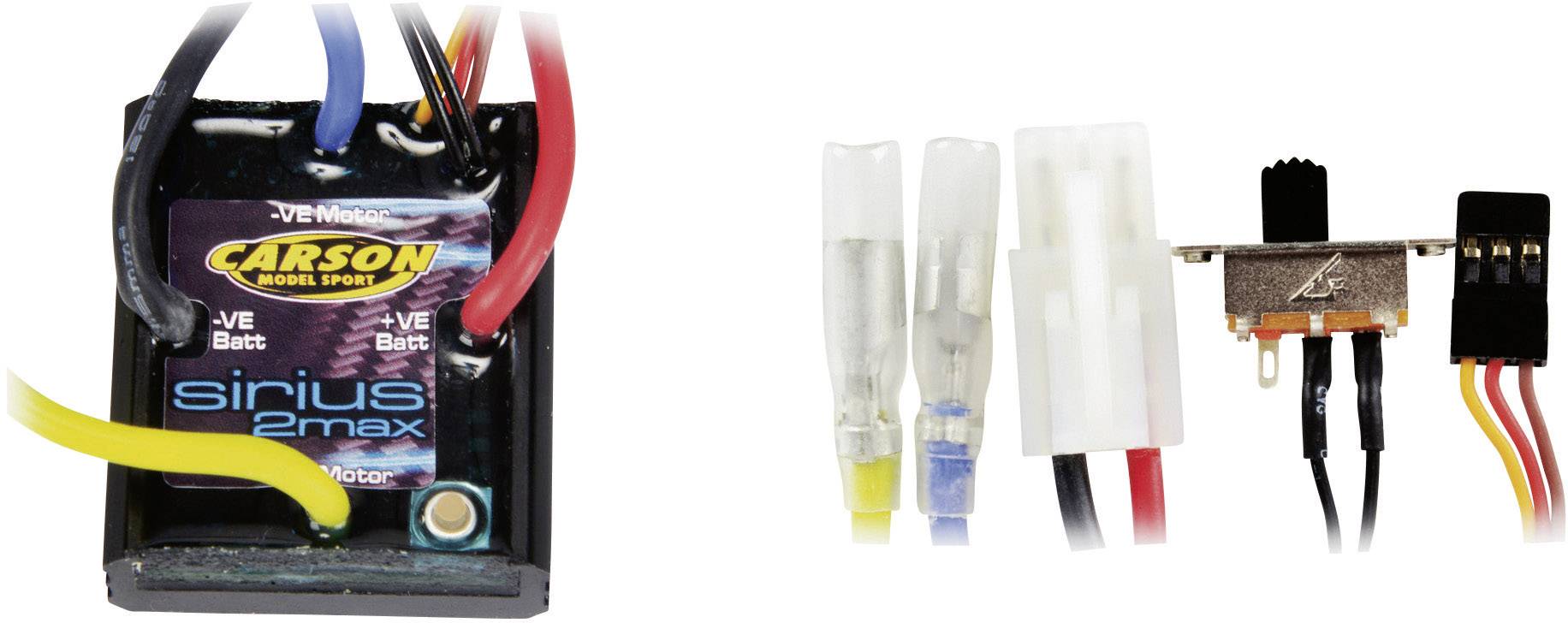 Deux composants électroniques : à gauche, un élément de modèle 'Sirius 2 max' avec des câbles, à droite divers connecteurs et interrupteurs.