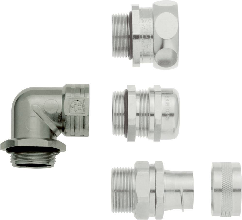 Cinq pièces de raccordement de tuyaux métalliques de différentes formes et tailles, y compris un coude. Elles sont en métal brillant.