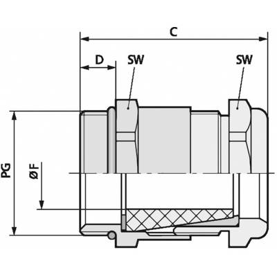 Dessin technique d'un raccord de tuyauterie, montrant les dimensions PG, ØF, D et C, ainsi que la largeur de clé SW. Clarté sur les tailles des composants.