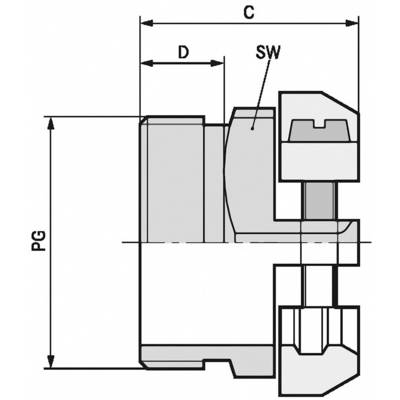 Dessin technique d'une pièce mécanique avec des marquages pour les dimensions 'D', 'C' et 'SW', ainsi que la hauteur totale 'PG'.