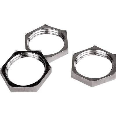 Trois écrous hexagonaux en argent sur un fond blanc, utilisés pour fixer des vis dans des assemblages mécaniques.