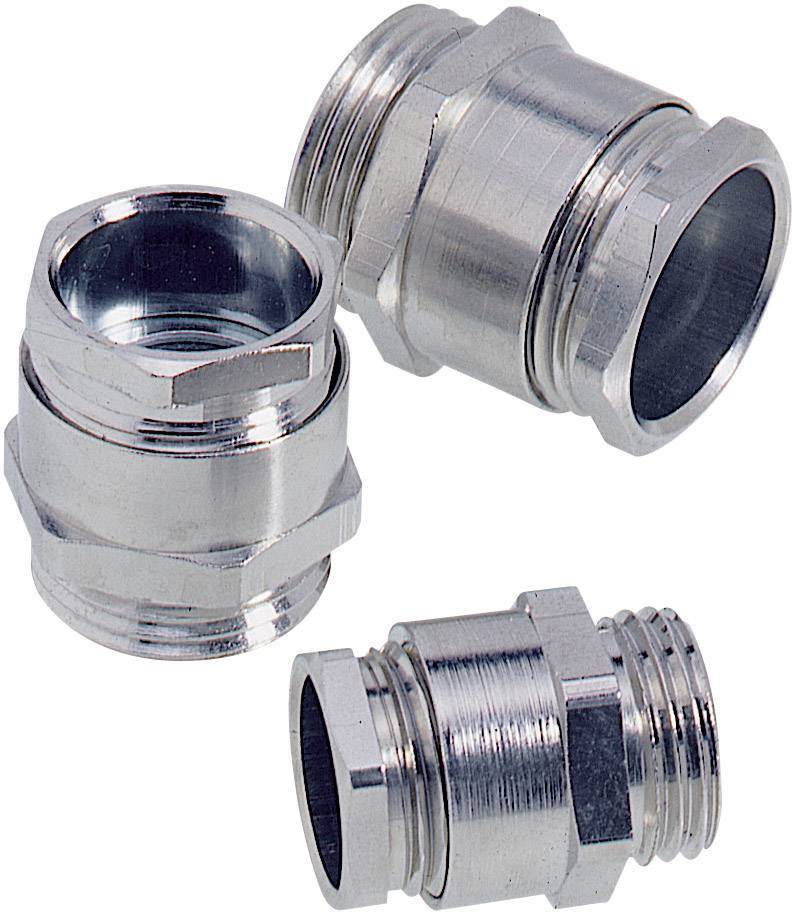 Trois raccords de tuyauterie métalliques de différentes tailles, en acier brossé, présentés sur un fond blanc.