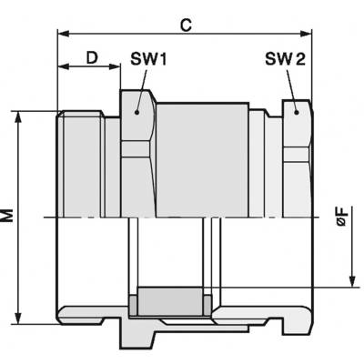 Dessin technique d'un raccord hydraulique. Les marquages sur l'illustration indiquent les dimensions 'D', 'C', 'M', 'ØF', 'SW1', 'SW2'.