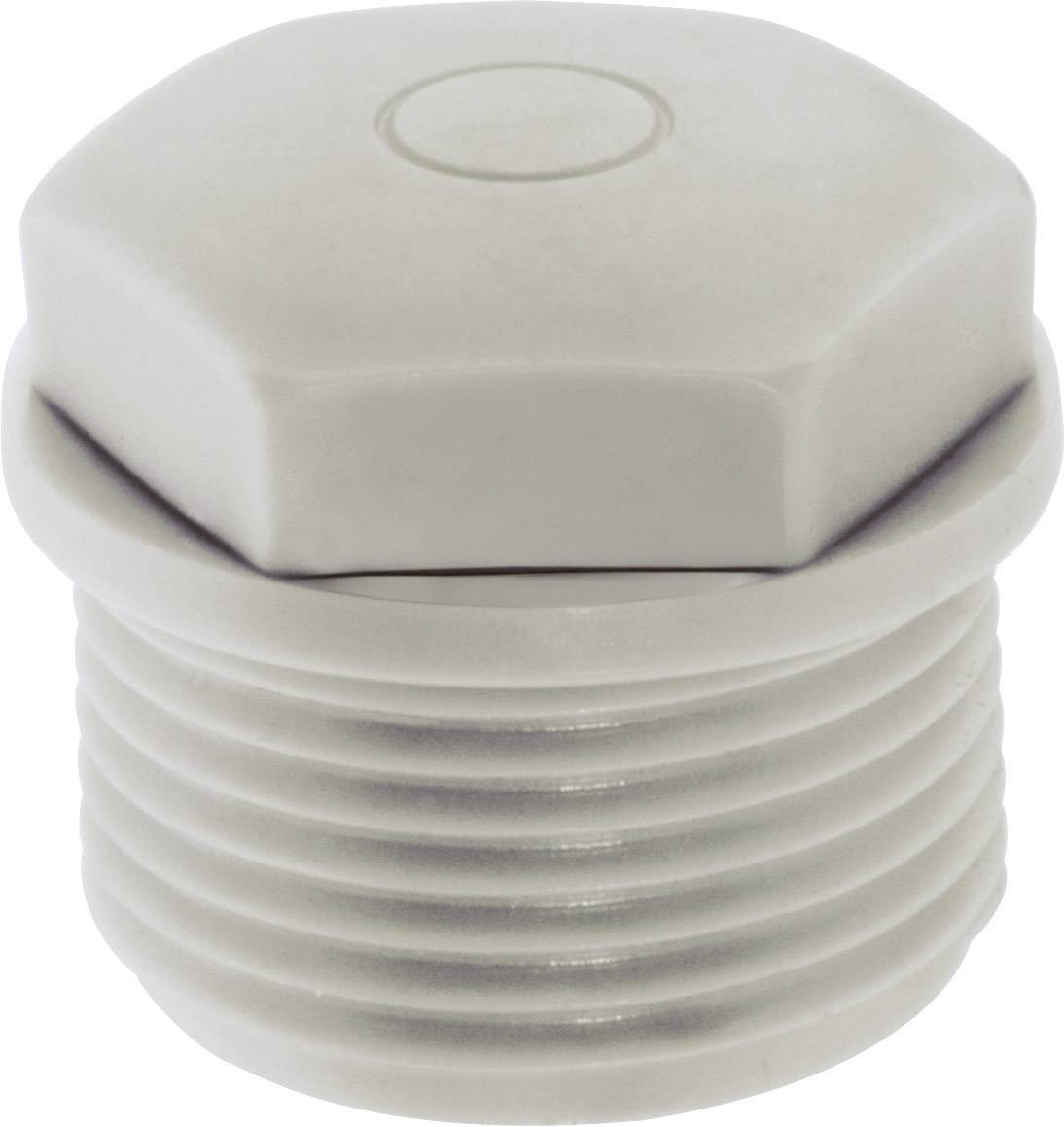 Un bouchon de fermeture hexagonal gris fileté, utilisé pour obturer les ouvertures de tuyaux ou d'autres récipients.