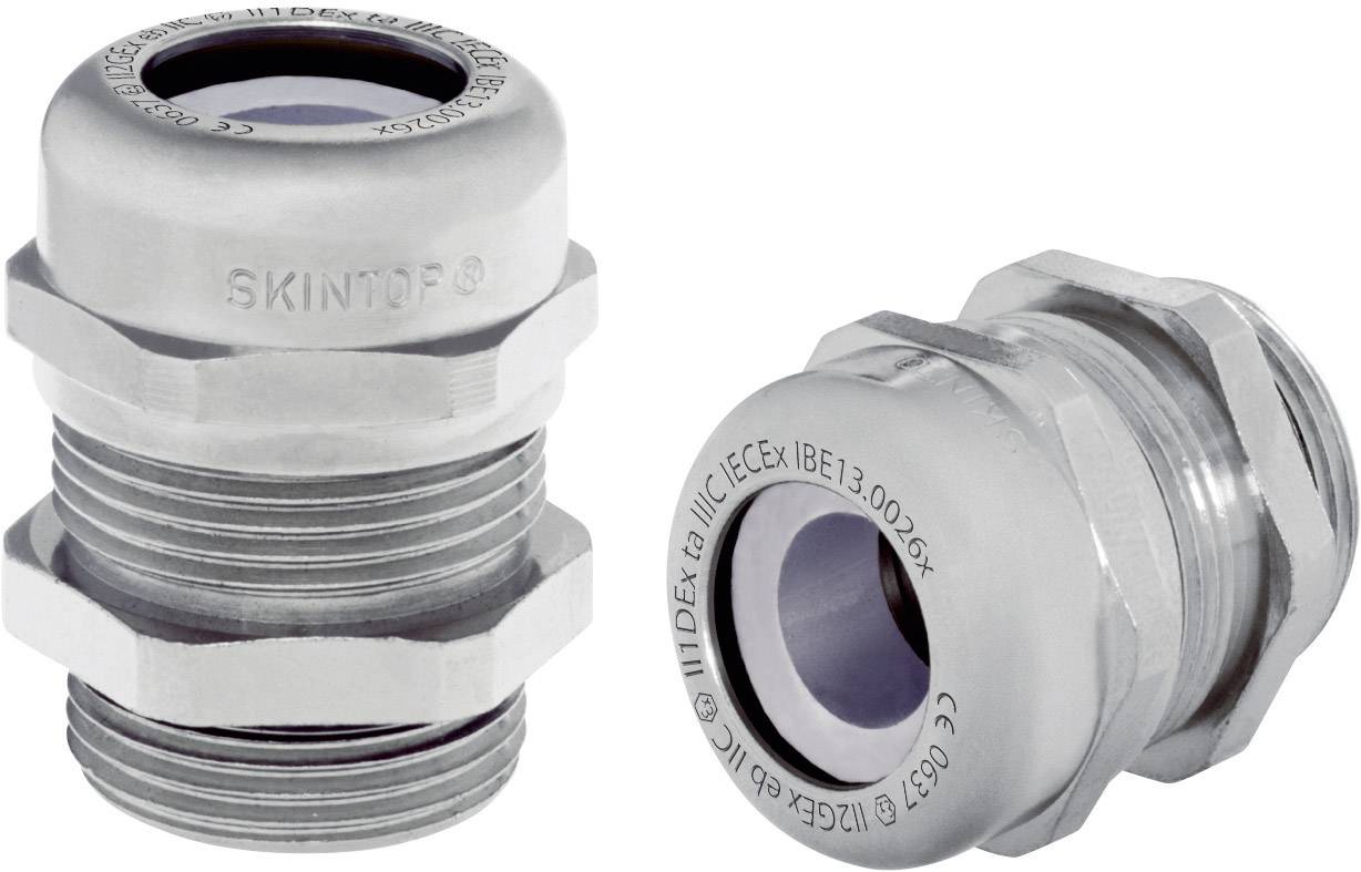Deux presse-étoupes métalliques. Vue latérale à gauche et vue frontale à droite. Les marquages et les filetages sont visibles.