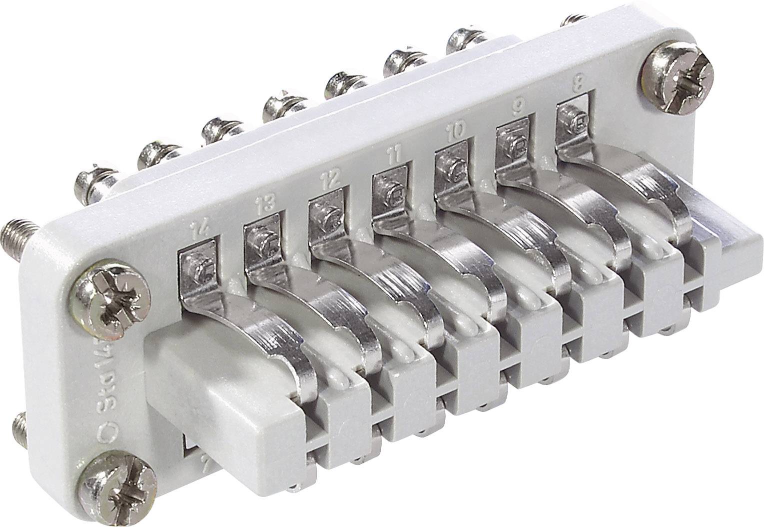 Un connecteur de câble blanc avec plusieurs vis métalliques et bornes de connexion, adapté pour la connexion électrique de plusieurs fils.