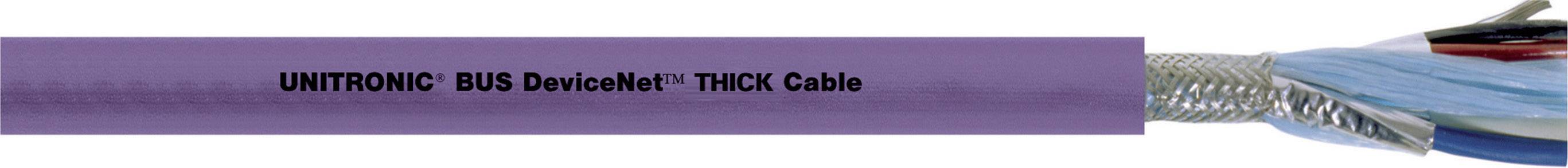 Câble Lila Kabel portant l'inscription 'UNITRONIC BUS DeviceNet™ THICK Cable', partiellement dénudé, montrant des conducteurs internes en torons.