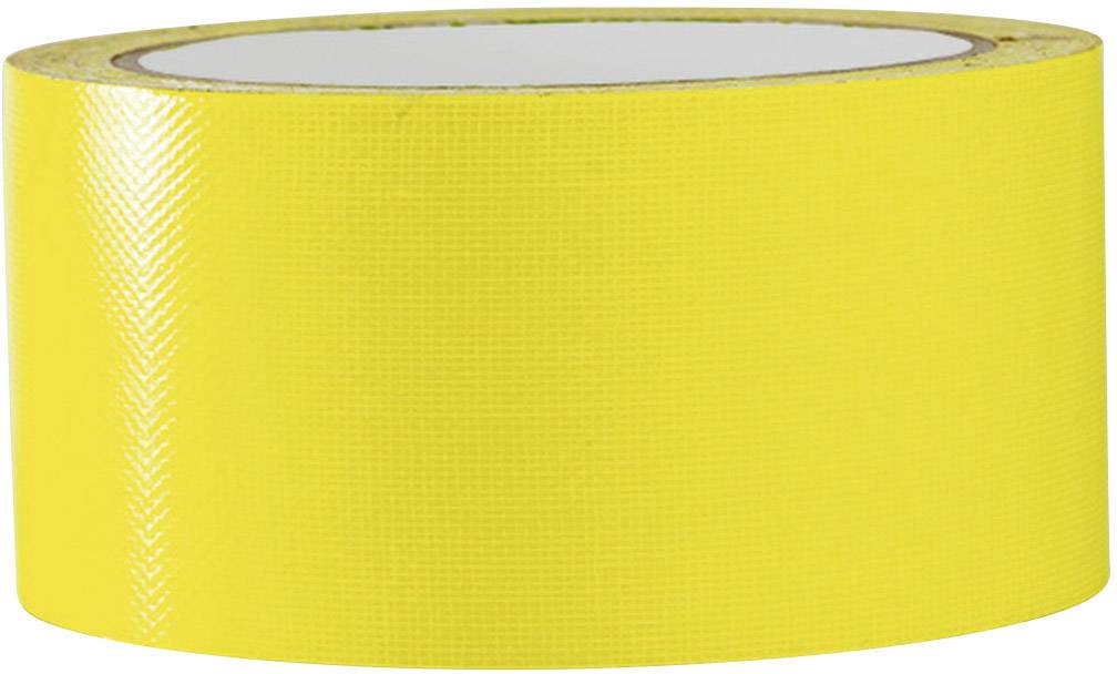 Rouleau de ruban adhésif jaune, cylindrique, sur fond blanc.