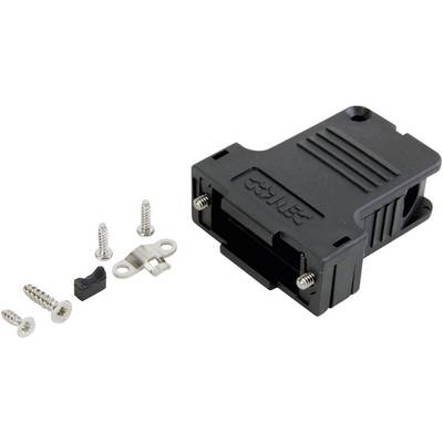 Boîtier en plastique noir pour connecteurs D-Sub, avec quatre vis et un clip métallique, pour le montage et la stabilisation.