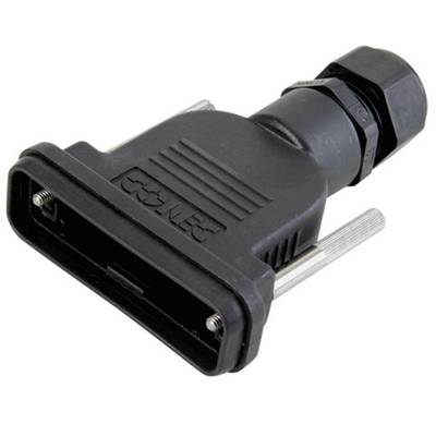 Connecteur électrique noir avec boîtier rectangulaire et protection de câble en plastique, adapté aux applications industrielles.