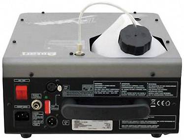 Vue arrière d'un dispositif technique équipé de plusieurs ports et interrupteurs, comprenant une prise d'alimentation, une prise RCA et un interrupteur rouge. Un réservoir avec un bouchon à vis est situé en haut.