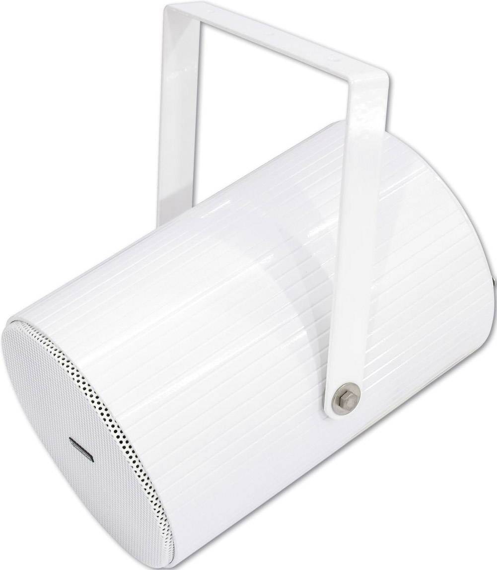 Enceinte portable blanche de forme cylindrique avec une poignée de transport sur le dessus.
