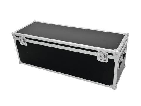 Valise de transport noire, rectangulaire, avec des bordures et des poignées argentées, adaptée à la protection et au transport d'équipement.