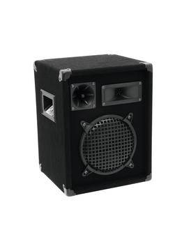 Un haut-parleur noir avec une grille visible et une poignée de transport sur le côté. Idéal pour les systèmes audio ou les événements.