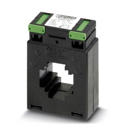 Module de convertisseur de courant en plastique noir avec des contacts verts, adapté à la mesure du courant électrique dans des applications industrielles.