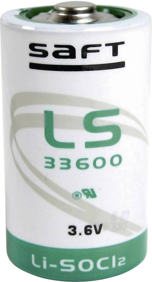 Batterie portant l'inscription 'SAFT LS 33600 3.6V Li-SOCl₂', de forme cylindrique, blanche avec écriture verte et noire.