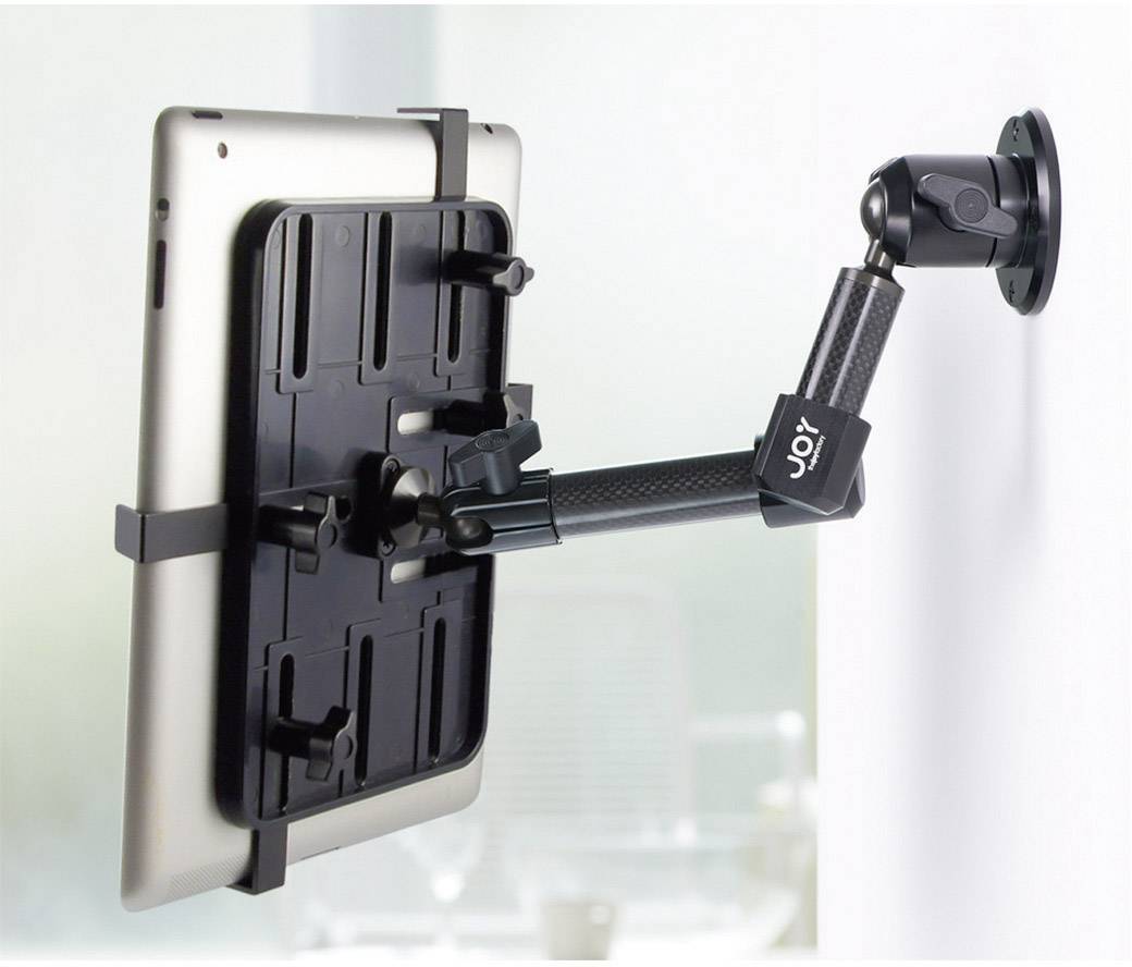 Support mural pour tablette avec bras réglable, maintenant une tablette en toute sécurité en position horizontale. Idéal pour une utilisation sans les mains.