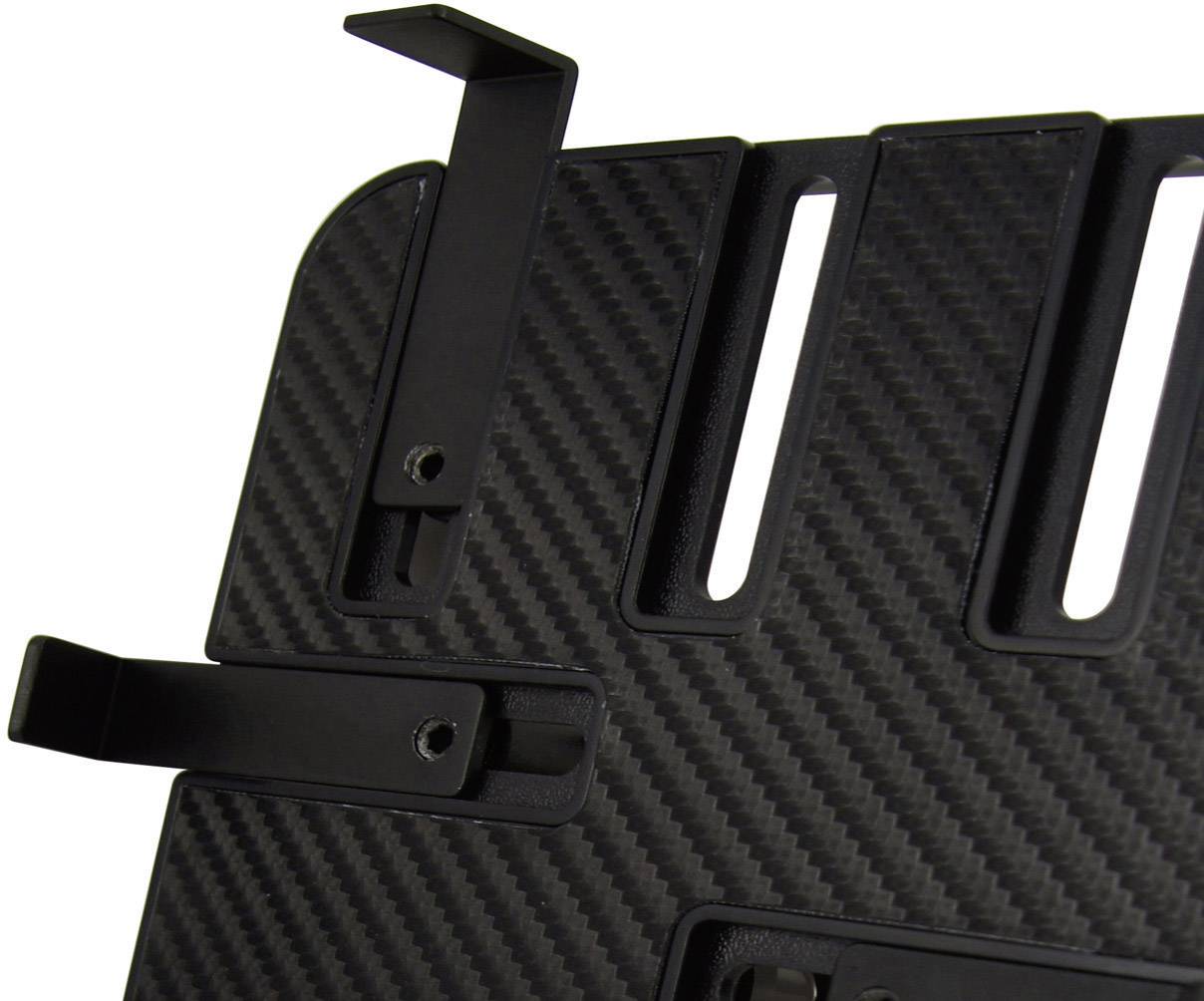 Dispositif noir en fibre de carbone avec plusieurs fentes et supports courts, probablement un support mural ou un support de montage.